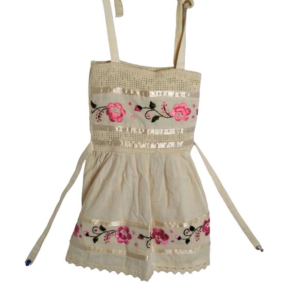 Vintage 90s BOHO Baby Dress Tan Mexican Embroidered Floral - Picture 1 of 4